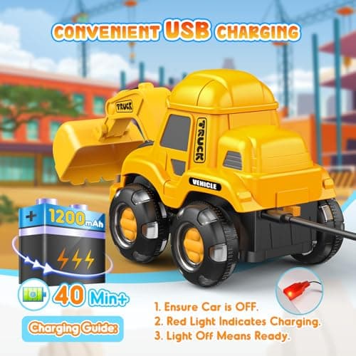 Toyjolka Toddler Remote Control Car with Flashing Light Wheels for 2 3 4 5 6 Year Old Boys Girls, USB Rechargeable Construction Excavator Toy for Toddlers 2-6 Great Birthday Gift Idea for Kids - Thumbnail 3