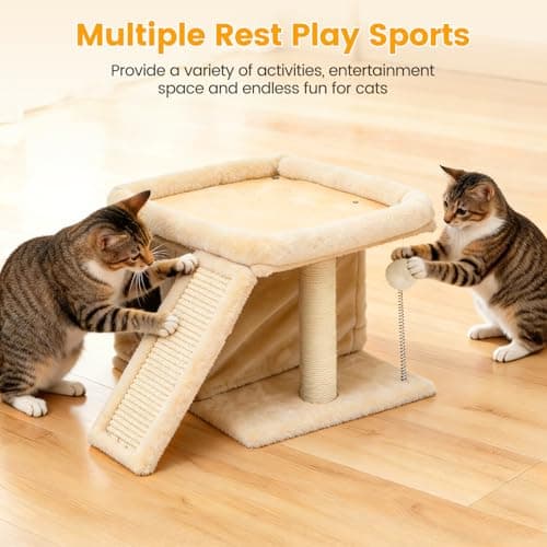 FURFAST Cat Tree, Compact Cat Tree for Small Spaces, Heavy Duty Cat Tower for Large Cats,Small Cat Tower with Cat Scratching Post & Bed, Cat Condo Climbing Furniture for Indoor Cats (Off-White) - Thumbnail 4