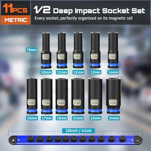 SEESII 1/2" Impact Socket Set with Magnetic Organizer, 11pcs CR-MO Deep Metric (10-24mm), 6-Point for Drive Impact Wrench & Ratchet, Professional for Lug Nut, Wheel & Suspension Repair - Thumbnail 3