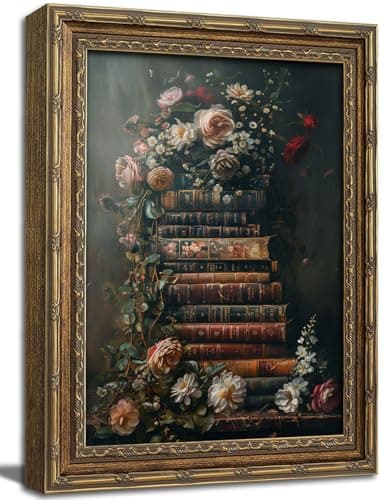 Gold Framed Wall Art, Vintage Floral Canvas Prints - Moody Flowers Books Pictures, Dark Academia Still Life Decor Gallery Artwork for Living Room, Bedroom 12x16 inch
