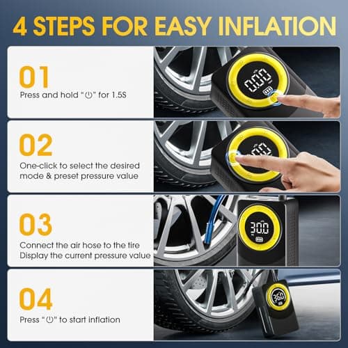 CARSUN Tire Inflator Portable Air Compressor, 150PSI Air Pump For Car Tires with Digital Pressure Gauge, LED Light and Auto Shut-Off Function Cordless Pump for Car, Motorcycle, Bicycle, Balls - Thumbnail 3