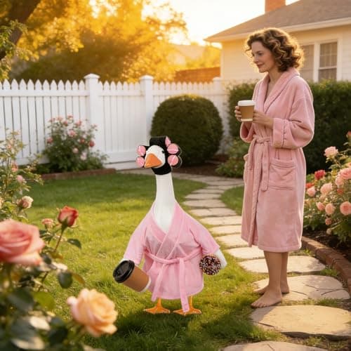 yuboo 23 Inch Pink Lady Porch Goose Outfits, Bathrobe Porch Goose Statue Costume with Cute Curlers and Coffee Cup, Funny Summer Lawn Yard Garden Patio Decor, Cute Goose Clothes Cement - Thumbnail 4