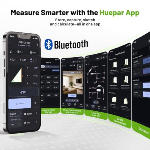 Huepar Laser Distance Measure 395Ft. Digital Rechargeable Laser Measuring Tool with Bluetooth -Phone APP, Angle Sensor, 1/16in Accuracy, M/in/Ft Unit, Pythagorean Mode, Measure Distance, Area, Volume - Thumbnail 2