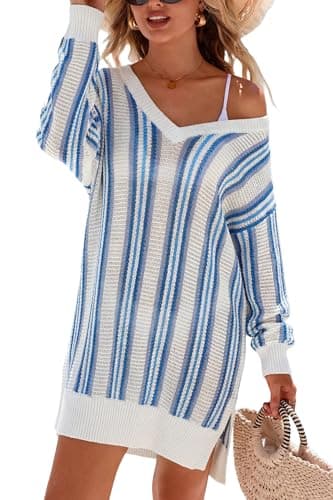 Arach&Cloz Womens 2026 Summer Swim Suit Cover Up Linen Blend Bathing Suits Swimwear Crochet Dress Long Sleeve V Neck Color Block Vacation Beach Outfits Blue Stripe L - Image 1