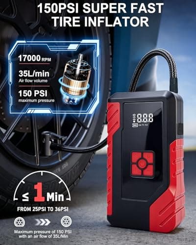 Tire Inflator Portable Air Compressor, 150PSI Digital CordlessTire Inflator with Auto Shut-Off, LED Light & USB Power Bank, for Car SUV Motorcycle Bicycle Balls - Thumbnail 3