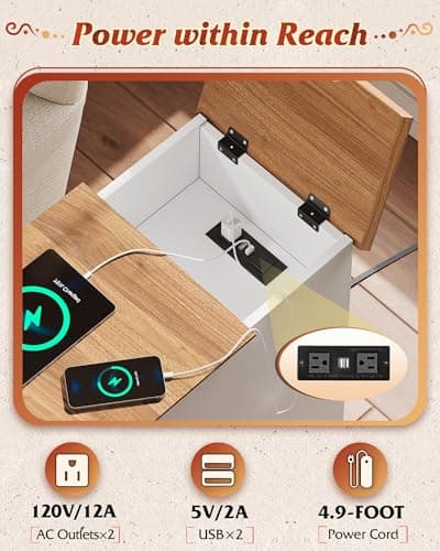 WLIVE End Table with Charging Station, Narrow Sied Table with Drawer & Cabinet, Side Table with Adjustable Shelf for Living Room/Bedroom, Farmhouse Nightstand with Hidden USB Ports and Outlets, White - Thumbnail 3