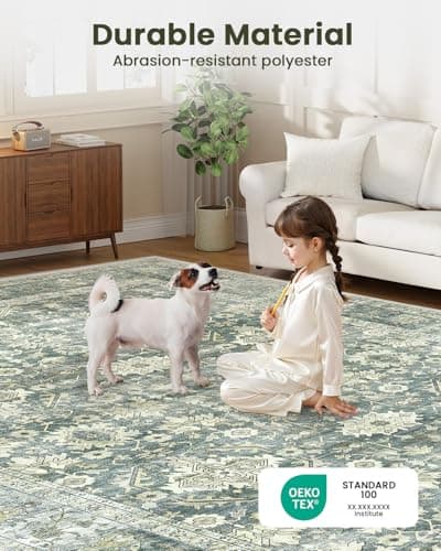 HOMFINE 8x10 Area Rugs for Living Room - Washable Area Rug Non-Slip Carpets, Low Pile Floral Vintage Print Pattern Rug Carpet Stain Resistant for Bedroom Dining Room Home Decor Office, Green - Thumbnail 5