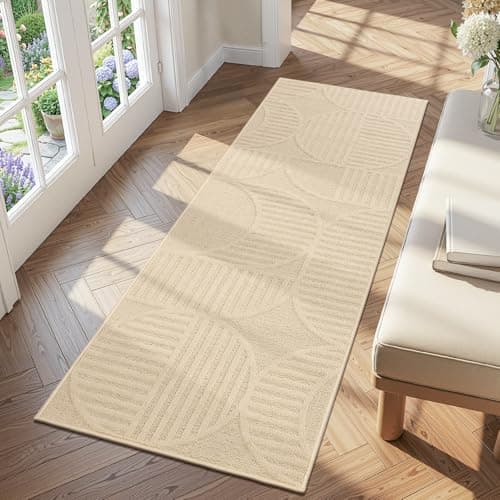 Findosom Washable Runner Rug 2x6, Geometric High-Low Textured Non Slip Hallway Runner Rug with Rubber Backing, Boho Carpet Runner for Kitchen, Bedroom, Laundry, Entryway, Bathroom, Beige - Image 1