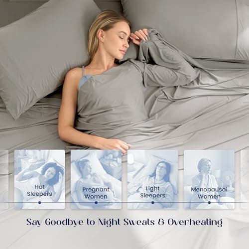 Dream Valley Cooling Sheets Queen Size, Cooling Fitted Breathable Bed Sheets & Flat Sheet with 2 Pillowcases-4 PCS for Night Sweats & Hot Sleepers, Q-Max >0.45 Aerocool, Deep Pocket 16",Quiet Gray - Thumbnail 6