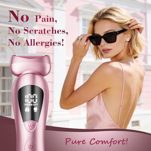 rategist Cordless Electric Razors for Women: Rechargeable Painless Bikini Trimmer for Body Hair - IPX7 Waterproof Shaver with LED Display for Face/Underarm/Leg Light Pink - Thumbnail 2
