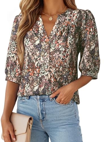 Dokotoo Button Down Shirts for Women V Neck Puff Sleeve Boho Tops Womens Blouses Business Casual Outfits Work Clothes Summer Spring Tops for Women 2026 Brown Shirt XX-Large - Image 1