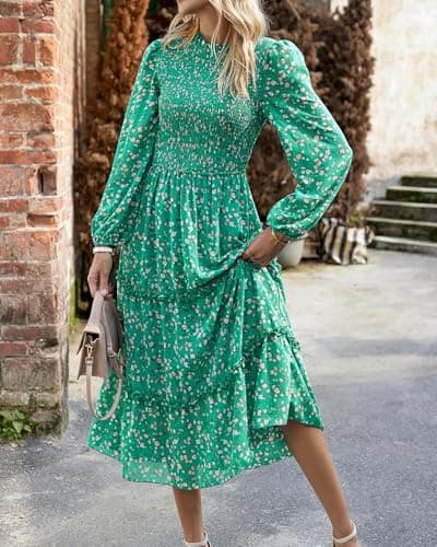 NOLLSOM Women 2025 Fall Dress Floral Casual Long Sleeve Crew Neck Ruffle A-Line Flowy Floral Boho Wedding Guest Maxi Dresses(Green Pink Flower,Small) - Thumbnail 2