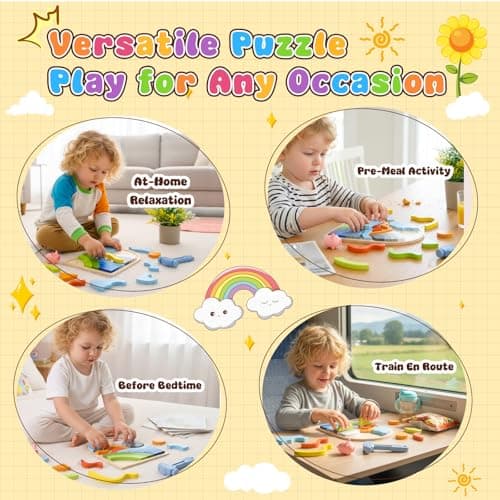 Safmord Montessori Wooden Shape Puzzles - Color Matching & Cognition Fun for Kids Over 3 Years Old, with Rainbow Blocks & Themes, Fine Motor Skill Building Toys & Gifts (3 Pack Colorful) - Thumbnail 4