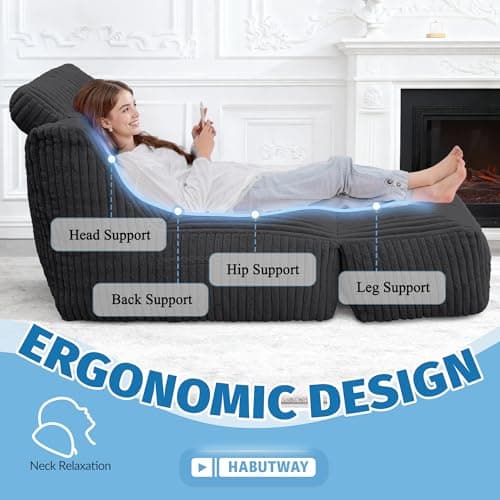 HABUTWAY Giant Bean Bag Chairs for Adults,Big Bean Bag Lounger with Removable Cover,Large BeanBag Chair with Ottoman&Storage Pocket,Memory Foam Filled Bean Bag Sofa for Living Room,Bedroom-Plush Black - Thumbnail 6