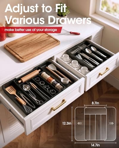 Aujen Silverware Organizer - Expandable Kitchen Drawer Organizer, Adjustable Utensil Organizer, Cutlery Tray for Forks, Knives, Multipurpose Kitchen Organizers and Storage Solution, Black, Medium - Thumbnail 4