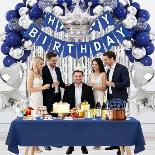 Navy Blue Birthday Party Decorations Set – 92Pcs Set with Banner, Star Garland, Crown, Heart & Star Foil Balloons, Fringe Curtain, Cake Topper, Tablecloth, Latex & Confetti Balloons for Men & Women - Thumbnail 4