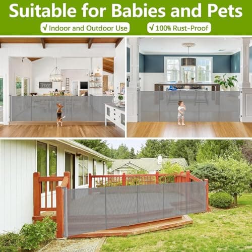 Reinforced 42" Extra Tall Pet Gate 155" Extra Wide Retractable Baby Gate with Support Rods - Prevent Crawling Under, Indoor/Outdoor Mesh Safety Gate Extra Wide Dog Gate Tall Baby Gates for Dogs, Gray - Thumbnail 5