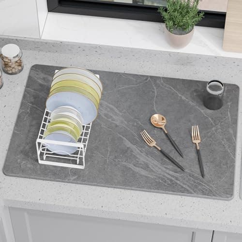 Vorisebo Large Stone Drying Mat for Kitchen Counter, 24" × 16" Diatomite Dish Drying Mat, Quick Dry Stone Mats, Ultra Absorbent Natural Diatomaceous Earth Mats for Dished, Bottles, Black Marble