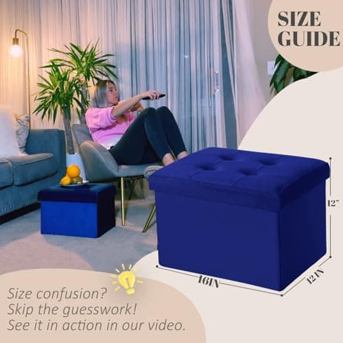 LINMAGCO Small Velvet Ottoman with Storage Rectangle Foot Rest Under Desk Stool for Room Folding Ottoman Furniture with Button turfted-Navy 16X12X12IN - Thumbnail 2