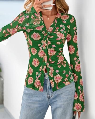 BTFBM Button Down Shirts for Women 2026 Spring Boho Tops V Neck Long Sleeve Blouses Ruched Mesh Fitted Fashion Clothing(Green, Large) - Thumbnail 6