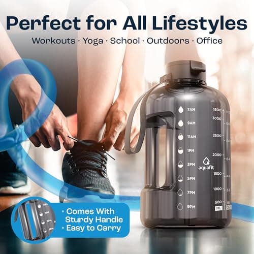 AQUAFIT 1 Gallon Water Bottle with Time Marker - Straw & Chug Lid - BPA Free Gym Water Bottle with Straw - Big Gallon Jug (Midnight Gray, 128 oz - 2 Lids) - Thumbnail 5