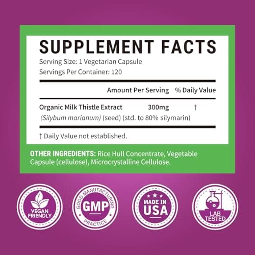 Surebounty Organic Milk Thistle, Concentrated Seed Extract, 80% Silymarin, Liver Support Cleanse Detox, Fatty Liver Supplements, Non-GMO, No Gluten & Soy, 120 Veggie Caps, 4 Month Supply - Thumbnail 4