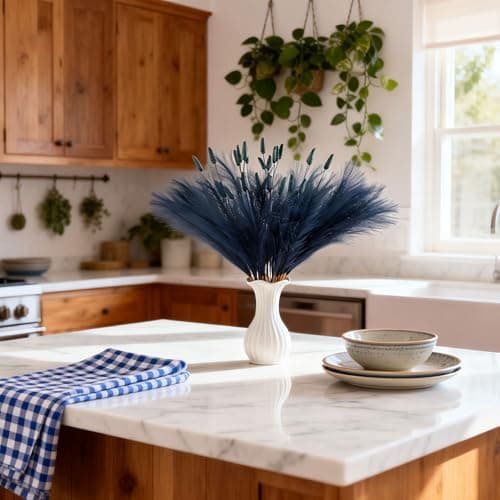 Blue Pampas Grass Decor 45 Pcs 23.6 Inch Faux Pampas Grass with Bunny Tails Bulk Artificial Dried Flowers Small Vase Filler Pompas Grass - Thumbnail 3