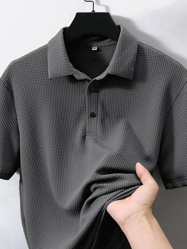 JEMLDL Men's Jacquard Collared Short Sleeve Polo Shirts Breathable Summer Breeze Golf Polo Shirts Dark Gray XXL - Thumbnail 2