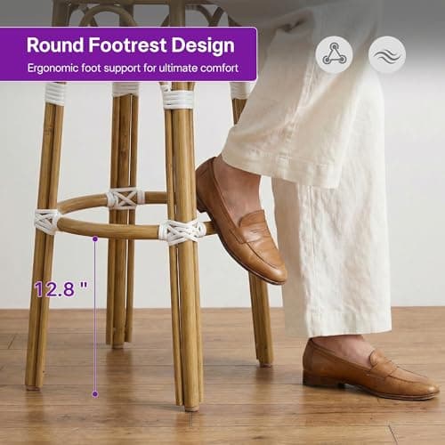 PURPLE LEAF Outdoor Round Bar Height Stool Set of 2 Patio Backless Barstools Aluminum Frame in Bamboo Finish with White & Blue Woven Rattan for Indoor Kitchen Dining Bistros Cafe Restaurant - Thumbnail 2