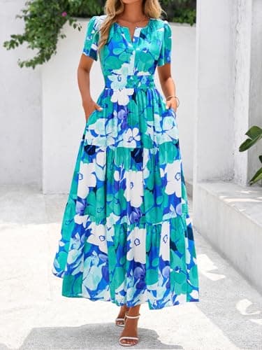 BTFBM Womens Summer Floral Maxi Dresses V Neck Short Sleeve Boho Casual Flowy Long Wedding Guest Dress Beach Vacation(Floral Blue Green, Medium) - Thumbnail 4
