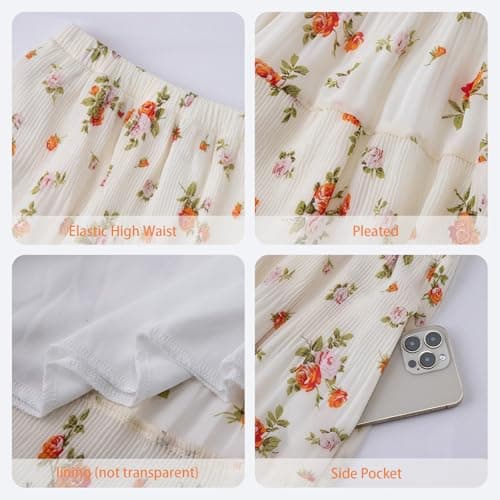 Arolina High Waisted Maxi Skirts Women Summer Elastic Flowy Long Skirt Boho Tiered A-Line Pleated Casual Print Cottagecore White Floral - Thumbnail 6