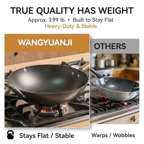 WANGYUANJI Carbon Steel Wok 14.2", Large Nitriding Flat Bottom Stir Fry Pan with Lid, No Chemical Coating Rust Resistant Iron Skillet for Induction Electric Gas Stoves, Big Capacity Serves 6+ - Thumbnail 6