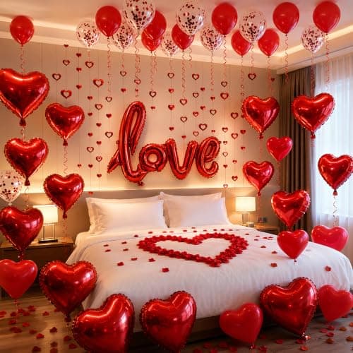 Romantic Balloon Decoration Kit with 42" LOVE Letters & Heart Balloons - Proposal, Engagement, Wedding & Anniversary Room Decoration Set with Hanging Hearts & Rose Petals - Complete Romantic Setup - Image 1