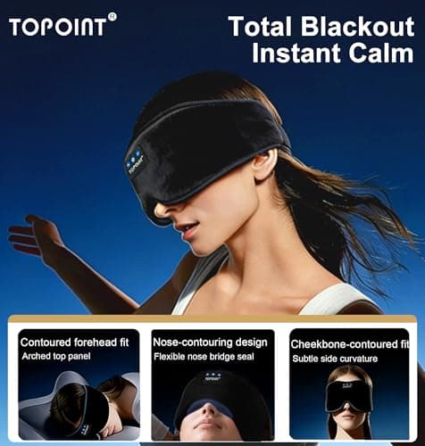 TOPOINT Sleep Mask with Headphones Bluetooth 5.4 Wireless, Sleep Headphones Earphones Earbuds with Microphone HD Speakers Music, Blackout Eye Mask for Sleeping Travel Meditation Men Women Cool Gadgets - Thumbnail 2