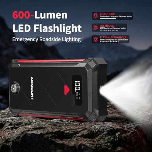 Acmount P100 Car Jump Starter, 5000A Peak Lithium Jump Starter Battery Pack for Up to 10.0L Gas or 8.0L Diesel Engine, Safe 12V Portable Battery Starter Power Pack with LED Screen & LED Light - Thumbnail 5