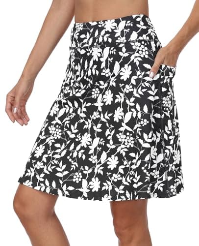 KORALHY Golf Skorts for Women with 4 Pockets 20" Knee Length Skirts Tennis Athletic Casual Skorts with Shorts Black White Fruit Leaves L - Image 1