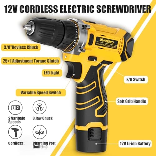 Sundpey Home Tool Kit with Drill - 166-Piece General Basic Home Repair Tool Set with 12V Cordless Power Drill & Battery & Charger & Portable Tool Box for Garden Office House Apartment Repair Men Women - Thumbnail 3