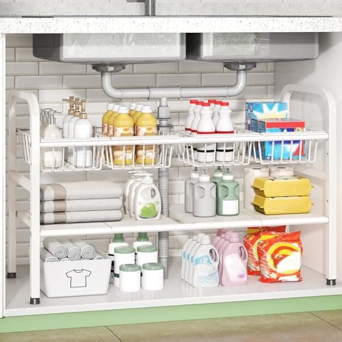 Under Sink Organizer 2 Tier,Height Adjustable Kitchen Cabinet Organizer with 4 Panels and 4 Baskets,Expandable Under Sink Shelf,for Kitchen,Bathroom, Laundry Pantry Cabinet,Apartment,White - Image 1