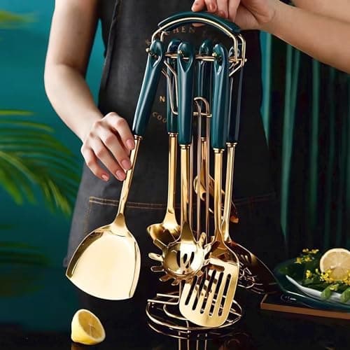 Novellus Stainless Steel Gold Kitchen Utensils Set with Holder, 7pcs Green - Thumbnail 2