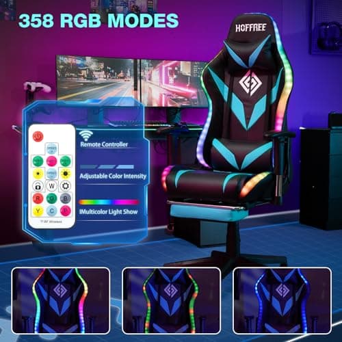 Led Gaming Chair with Speakers Massage 165° Reclining Computer Chairs-Blue - Thumbnail 5