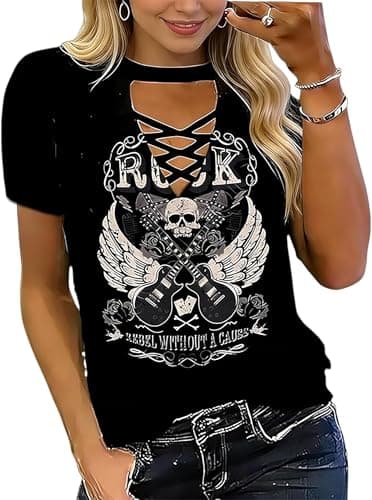 Rock Cross-Over Hollowed-Out T-Shirt for Women Concert Rock Band Shirt Retro Country Music Short-Sleeved V-Neck Top（Black2,XXL） - Image 1