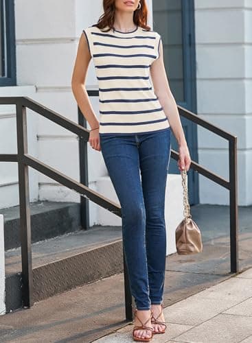 Dokotoo Tank Top for Women Color Block Striped Sweater Vest 2026 Cute Crewneck Loose Fitting Sleeveless Blue Stripe Tank Tops Ribbed Knitted Spring Fashion Going Out Trendy Clothes X-Large - Thumbnail 5