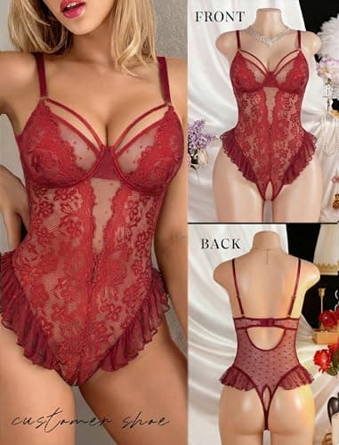 Avidlove Red Lingerie for Women V Neck One Piece Mini Babydoll Lace Bodysuit Wine Red XXL - Thumbnail 2