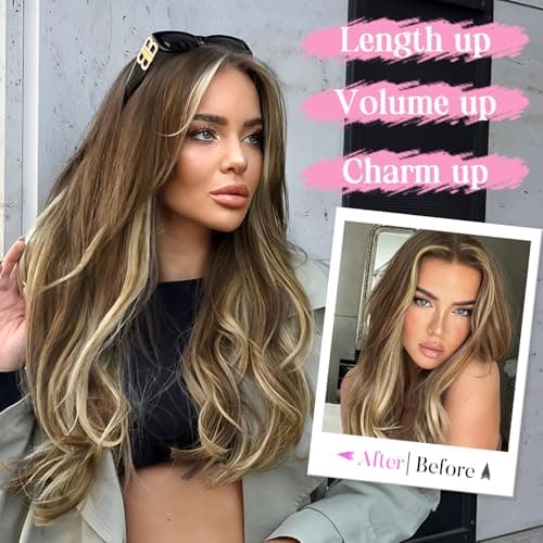 Invisible Wire Hair Extensions with Transparent Wire Adjustable Size 4 Secure Clips Long Wavy Secret Hairpiece 20 Inch for Women(Light Brown with Caramel Blonde) - Thumbnail 5