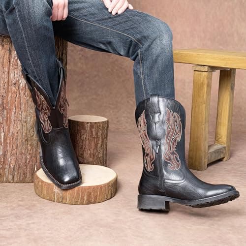 Jousen Cowboy Boots for Men Embroidery Men's Western Boots Retro Square Toe Mens Boot Botas(AMY8420 blackpu 10) - Thumbnail 3