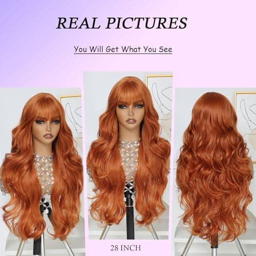 Barbique Orange Synthetic Wig with Bangs, Long Wavy Hair Natural Hairline, Heat Resistant Synthetic Hair, Adjustable Straps, Perfect for Work Party Daily Use Beginner Friendly - Thumbnail 5