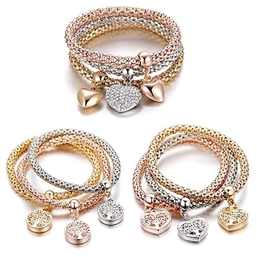 SILANER Crystal Charms Multilayer Bracelets - 3PCS Gold/Silver/Rose Gold Corn Chain Bracelet for Women, Tree of Life Heart Shaped Stretch Bracelet (12 PCS) - Image 1