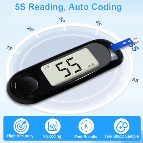Blood Sugar Monitor,Glucose Monitor Kit with 50 Test Strips & 50 Lancets for Diabetes Testing, Blood Glucose Meter with Auto Eject, No Coding & Large LCD for Seniors - Thumbnail 6