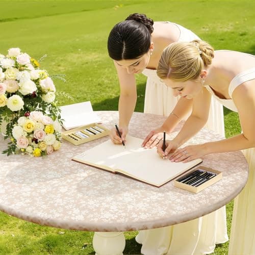 Smiry Round Picnic Tablecloth, Elastic Waterproof Fitted Heavy Duty Vinyl Tablecloths for 45"-56" Tables, Wipeable Washable Table Cover for Kitchen, Dining, Camping, Outdoor, Beige - Thumbnail 2