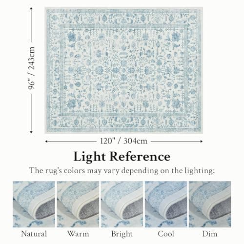 RUGVIGO Blue 8x10 Area Rugs for Living Room, Floral Vintage Washable Rug for Bedroom, Non-Slip Stain Resistant Soft Low Pile Carpet for Dining Room Home Decor Kids Room - Thumbnail 2